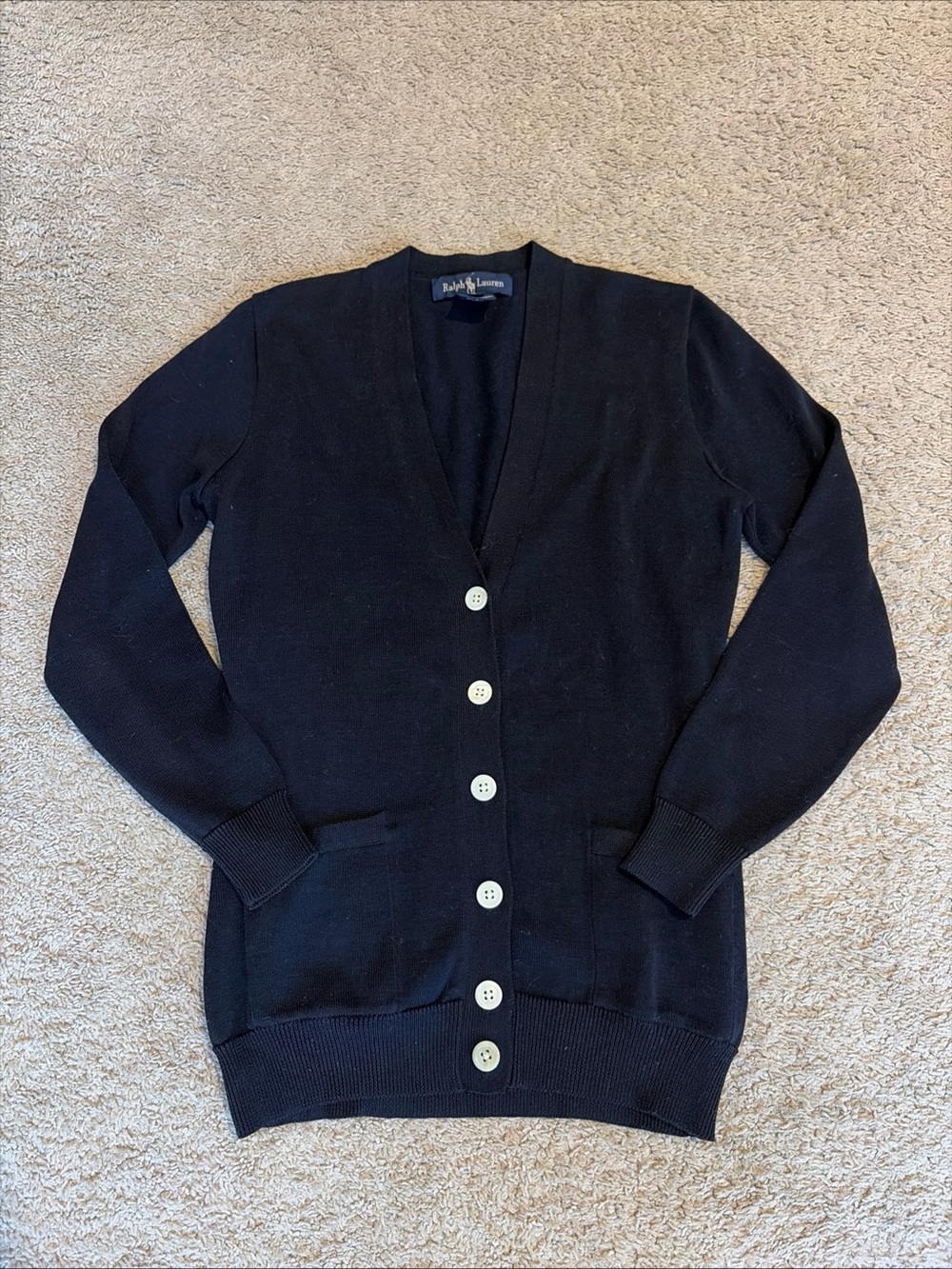 Womens Vintage Ralph Lauren Navy Blue 100% Cotton Cardigan Sweater Size Small